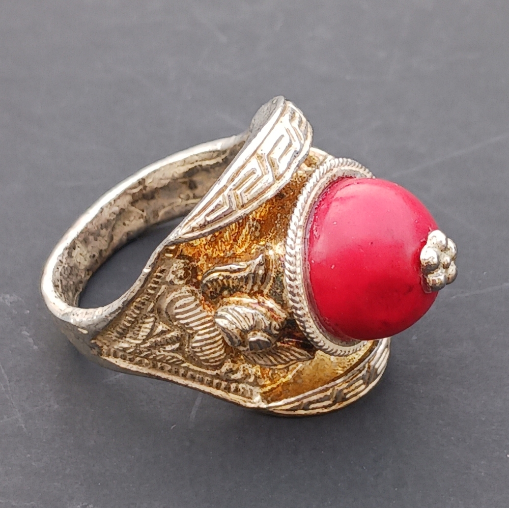 Saddle Ring With Large Red Dome Stone Ornate Carved Metal Band